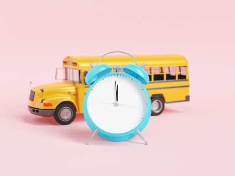Blue alarm clock placed near toy of yellow school bus on yellow background. 3d rendering