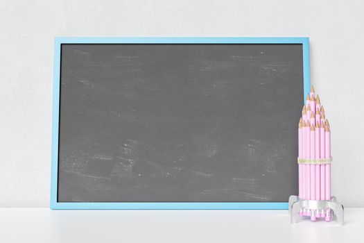 3D illustration of bunch of pink pencils placed near empty blackboard against gray background in school