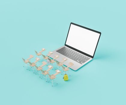 3D illustration of school desks arranged in rows near laptop with blank screen on turquoise background