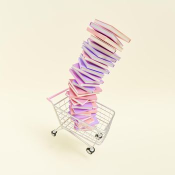 3D illustration of pile of textbooks stacked together in shopping cart on yellow background