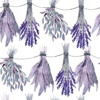 Watercolor hand drawn seamless pattern with purple witch forest poisonous herbs, leaves. Spooky horror witchcraft Halloween background. Wood mystic print