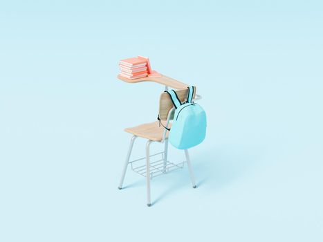 3D illustration of backpack and stack of books placed on chair with desk during lesson in school on blue background