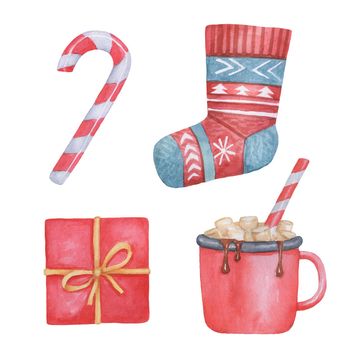 Christmas elements set. Watercolor Hot chocolate with Christmas Candy Cane with marshmallow and sock isolated on white background.