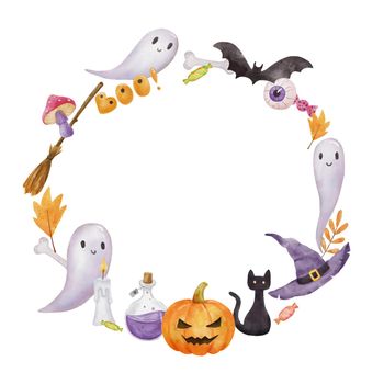 Halloween round frame with bat, ghost and pumpkin. Watercolor Drawing wreath isolated on white.