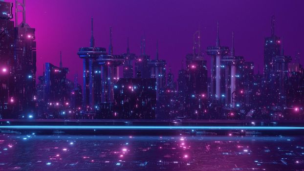 Abstract background purple neon grids city silhouette in vintage style 3d Render