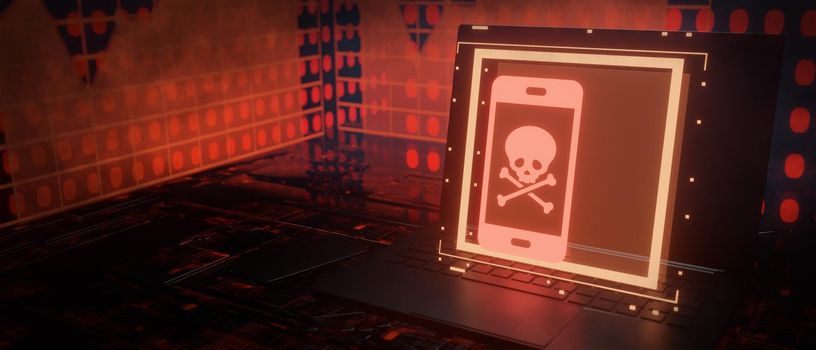 Red pirate skull on smartphone screen, mobile hacking, system breach, virus 3D Render
