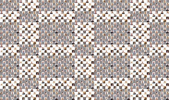 Hundreds of multiracial people crowd portraits headshots collection, collage mosaic. Many lot of multicultural different male and female smiling faces looking at camera. Diversity and society concept. High quality photo