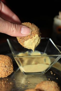 Bitterballen with mustard, warm fried snack, served in the Netherlands