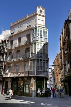 Cartagena, Murcia, Spain- July 18, 2022: Beautiful Modernist House facade next to San Francisco Square in Cartagena city