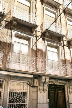 Cartagena, Murcia, Spain- July 18, 2022: Beautiful Modernist House facade next to San Francisco Square in Cartagena city