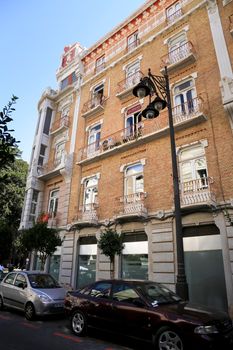 Cartagena, Murcia, Spain- July 18, 2022: Beautiful Modernist House facade next to San Francisco Square in Cartagena city