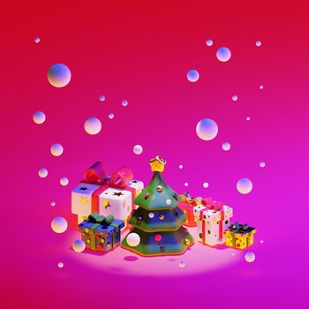 Christmas tree and gift boxes. New Year clay pop illustration. Clipping path included. 3d render template for holiday poster.
