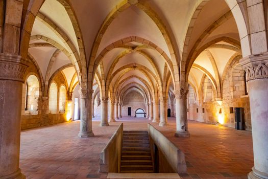 Staircase and hall with vaulted ceiling in the dormitory of the Mosteiro de Alcobaca in Portugal