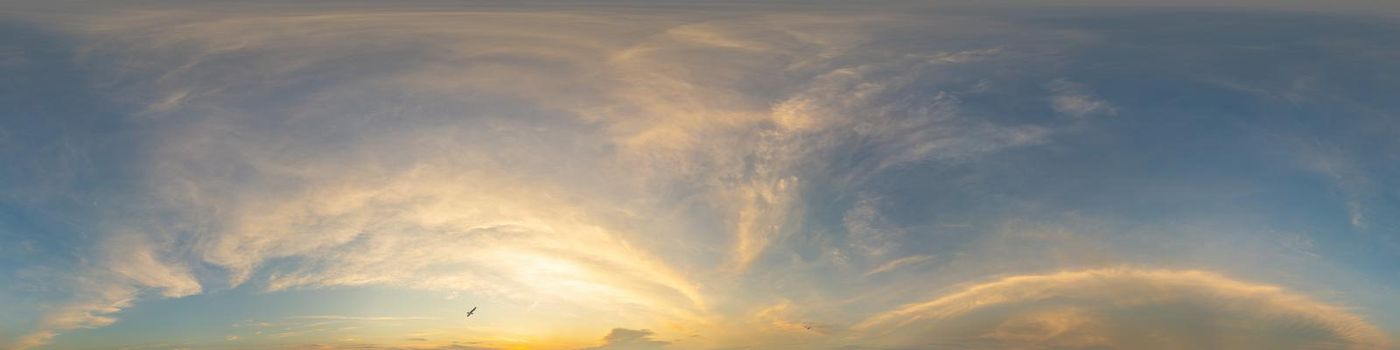 Sky panorama with Cirrus clouds in Seamless spherical equirectangular format. Full zenith for use in 3D graphics, game and editing aerial drone 360 degree panoramas for sky replacement