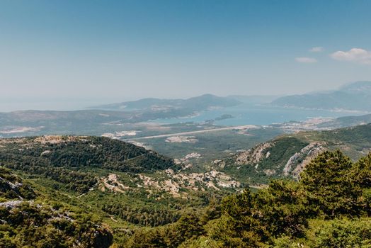 Beautiful nature mountains landscape. Kotor bay, Montenegro. Views of the Boka Bay, with the cities of Kotor and Tivat with the top of the mountain, Montenegro.