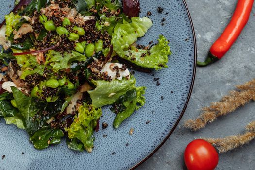 Fresh lamb lettuce salad with avocado, cucumber, salmon, cherry tomatoes. Dressing with honey, dijon mustard, olive oil and lemon juice, topped with chia seeds. Prepared by chef.