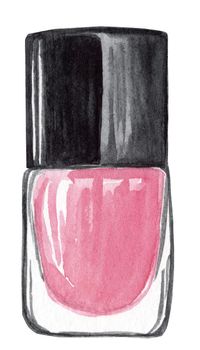 watercolor hand drawn pink nail polish bottle with black cap isolated on white background