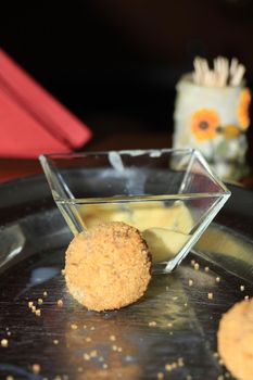 Bitterballen with mustard, warm fried snack, served in the Netherlands