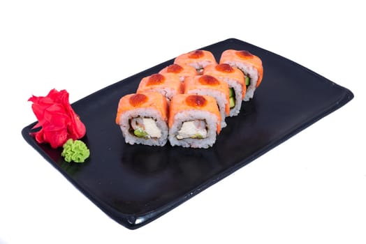 Japanese Cuisine - Sushi Roll with Shrimps and Conger, Avocado, Tobiko and Cheese. sushi rolls tempura,japanese food style