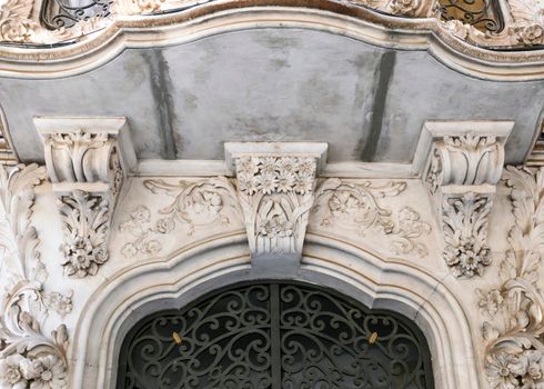 Cartagena, Murcia, Spain- July 18, 2022: Beautiful carved stone details of Maestre House Modernist Style next to San Francisco Square in Cartagena city