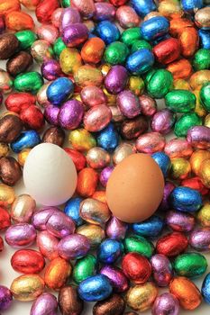 Hen eggs on a pile of colorful wrapped chocolate easter eggs