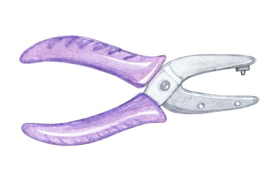 watercolor hole puncher for paper isolated on white background. Scrapbook supplies. Purple pliers for crafters