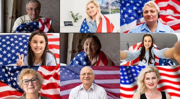 Outdoor portrait collage of people of different generations on USA map as active society concept. High quality photo