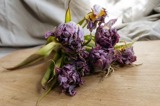 Bouquet of purple tulips laying on a wooden table. High quality photo