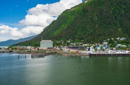 Juneau, AK - 9 June 2022: View of the port of Juneau in Alaska from the water of the harbor