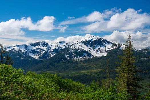 View from top of tram towards Mount Bradley above the city of Juneau in Alaska