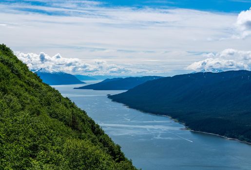 View of the river route to the ocean at Juneau in Alaska as seen from Mt Roberts