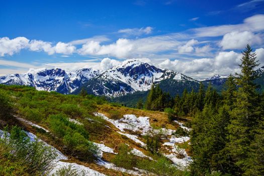 View from top of tram towards Mount Bradley above the city of Juneau in Alaska