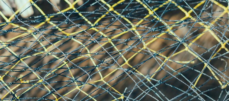 BANNER abstract close-up macro real photo beautiful wallpaper. Fisherman rope net texture fiber surface pattern. Futuristic subtle waving lines art modern background. Beige grey light yellow multi.