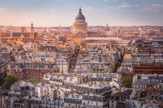 Pantheon and quarter latin parisian roofs at golden sunrise Paris, France