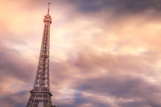 Eiffel tower view from trocadero with sunrays and clouds, Paris, France