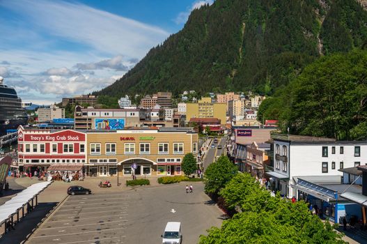 Juneau, AK - 9 June 2022: Overhead view of the dockside and city of Juneau