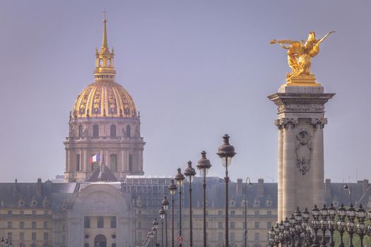 Pont Alexandre III and Les Invalides at clear day, Paris, france