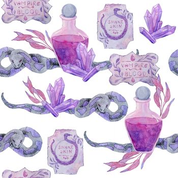 Watercolor hand drawn seamless pattern with apothecary potion brew purple witch forest herbs, leaves. Spooky horror witchcraft Halloween background. Wood mystic print