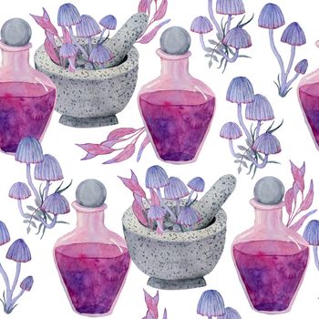 Watercolor hand drawn seamless pattern with apothecary potion brew purple witch forest herbs, leaves. Spooky horror witchcraft Halloween background. Wood mystic print