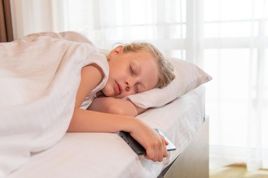 Sleep beautiful phone mobile young girl bed blanket sleeping lying, concept female pillow from health for calm rest, bedtime light. One serene day,