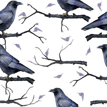 Watercolor hand drawn seamless pattern with black raven bird purple witch forest herbs, leaves. Spooky horror witchcraft Halloween background. Wood mystic print