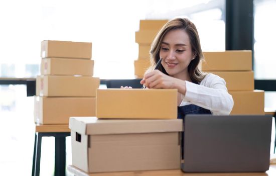 Portrait of Asian young woman SME working with a box at home the workplace.start-up small business owner, small business entrepreneur SME or freelance business online and delivery concept..