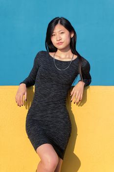 vertical portrait of a sensual oriental woman posing in a tight dress on a colorful yellow and blue background, concept of fashion and lifestyle
