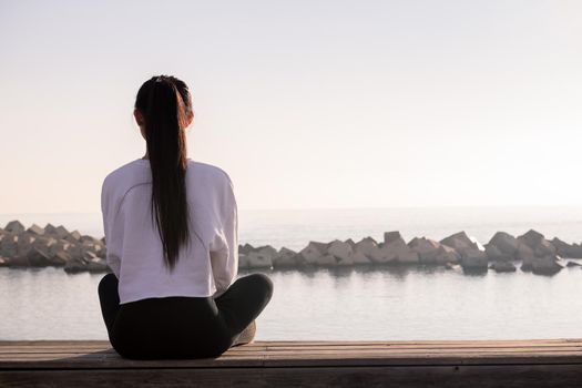 rear view of a young woman with long hair sitting meditating at sunrise by the sea, concept of relaxation and mental health, copy space for text