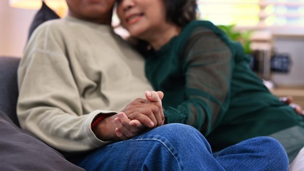 Cropped image of elderly couple holding hands while sitting together comfortable couch. Retirement lifestyle, health insurance concept.