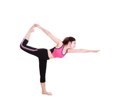 Young woman doing yoga exercise isolated on white background