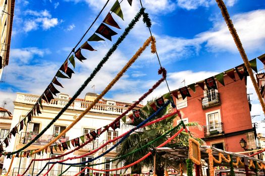 Lisbon, Portugal- June 3, 2018:Streets adorned with garlands for the festivities of Saint Anthony in the Alfama neighborhood in Lisbon