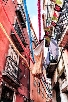 Lisbon, Portugal- June 3, 2018:Streets adorned with garlands for the festivities of Saint Anthony in the Alfama neighborhood in Lisbon