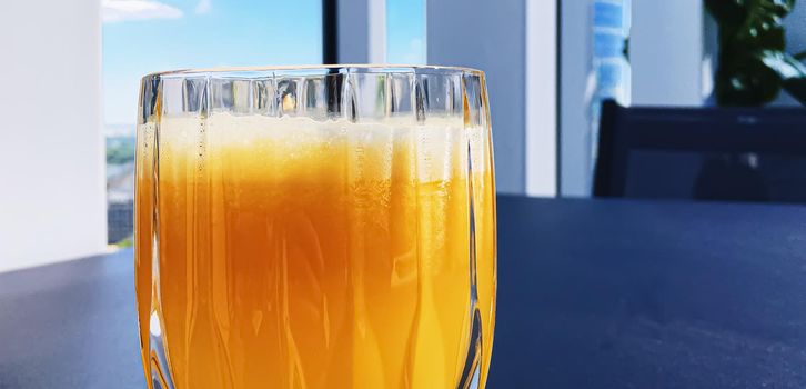 Healthy drink, fruit vitamins and beverage menu, fresh orange juice in luxury restaurant outdoors, food service and hotel breakfast concept.