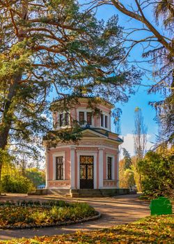 Pavilion on the island of anti Circe in the Sofievsky arboretum or Sofiyivsky Park in Uman, Ukraine, on a sunny autumn day